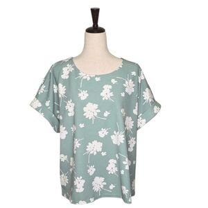Melloday Sage Green & White Floral Print Short Sleeve Blouse Size XL NWOT
